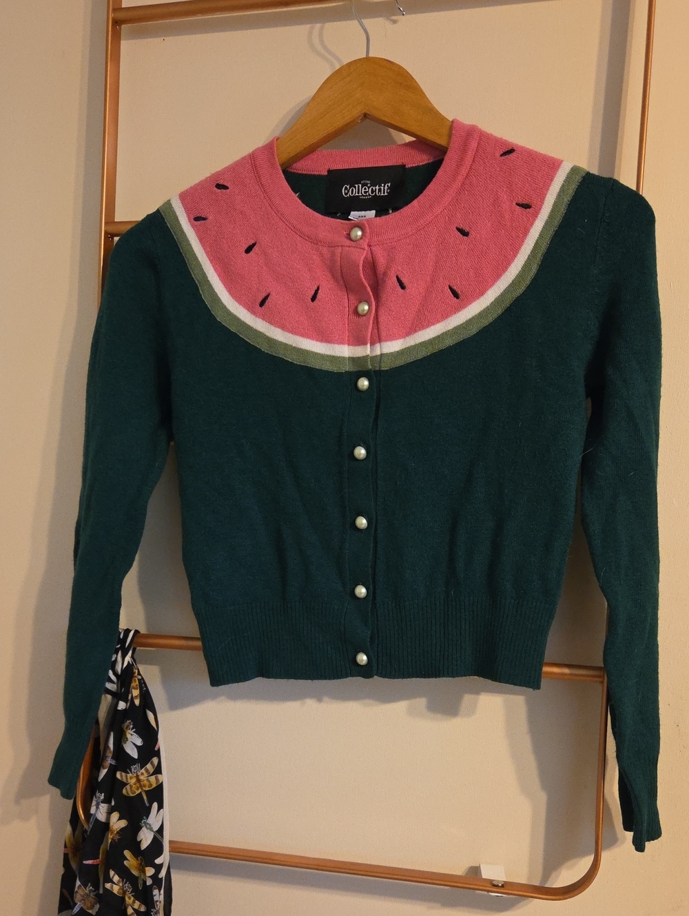 Collectif Green and Pink Watermelon-Detail Cardigan Sweater